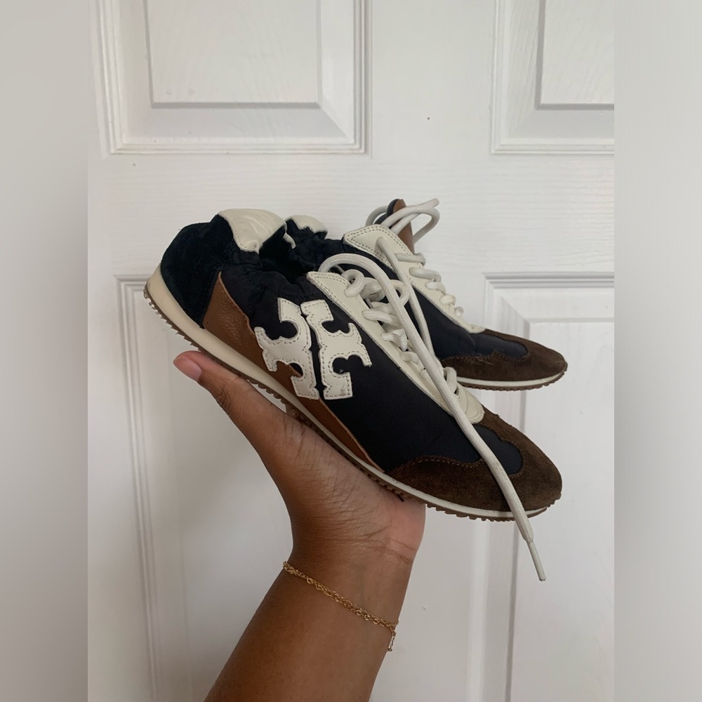 Tory Burch Black and Cognac Leather Sneakers - Size 6.5